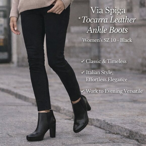Via Spiga Tocarra Leather Ankle Boots Women’s SZ 10 Black Classic Heel Pull-On